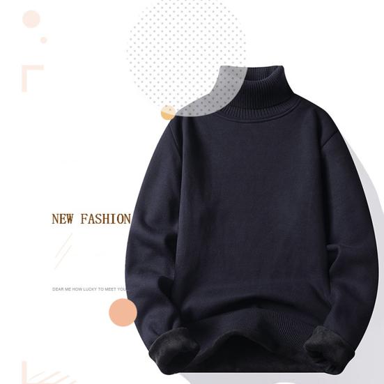 Autumn Winter Men Turtleneck Sweater Long Sleeve Solid Color Slim Fit Fleece Lining Thickened Knitting Tops Jumper