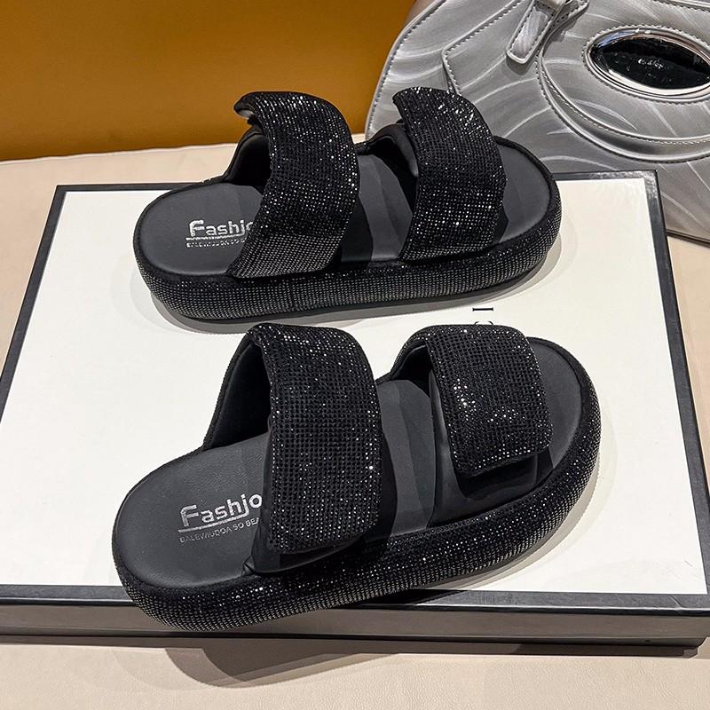 Fashion Fashion Flat Sandals Summer New Round Head Open Toe Crystal with Waterproof Table Anti-slip Wear-resistant Slippers