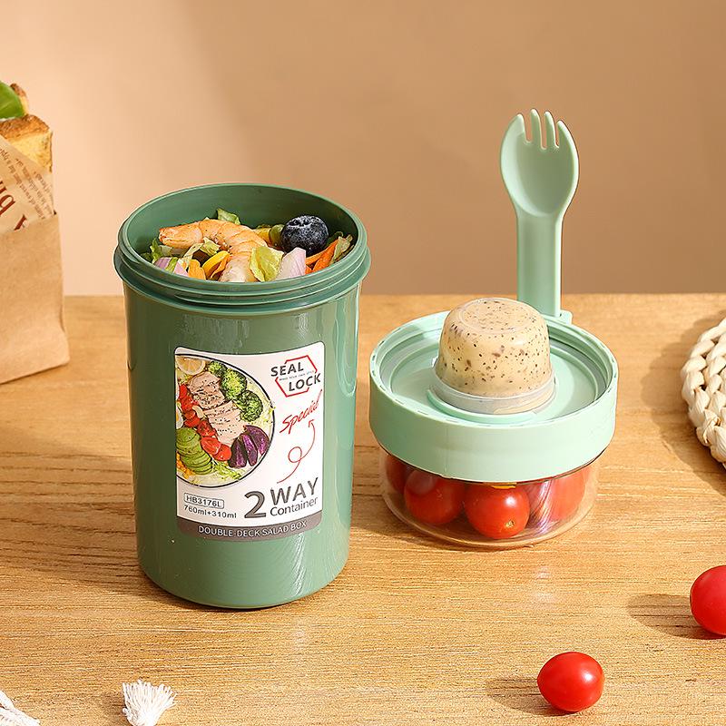 Portable Double-Layer Yogurt and Oatmeal Cup with Lid and Spoon for Salads and Nuts