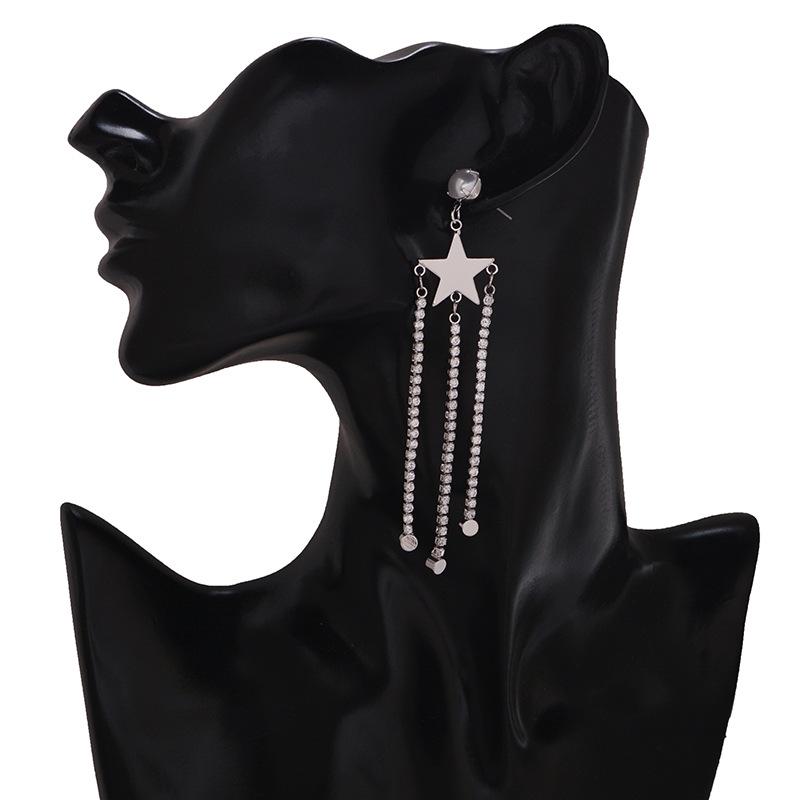 Simple Geometric Asymmetrical Earrings With Diamond Studs, Pentagonal Star Long Fringed Earrings, Earrings.