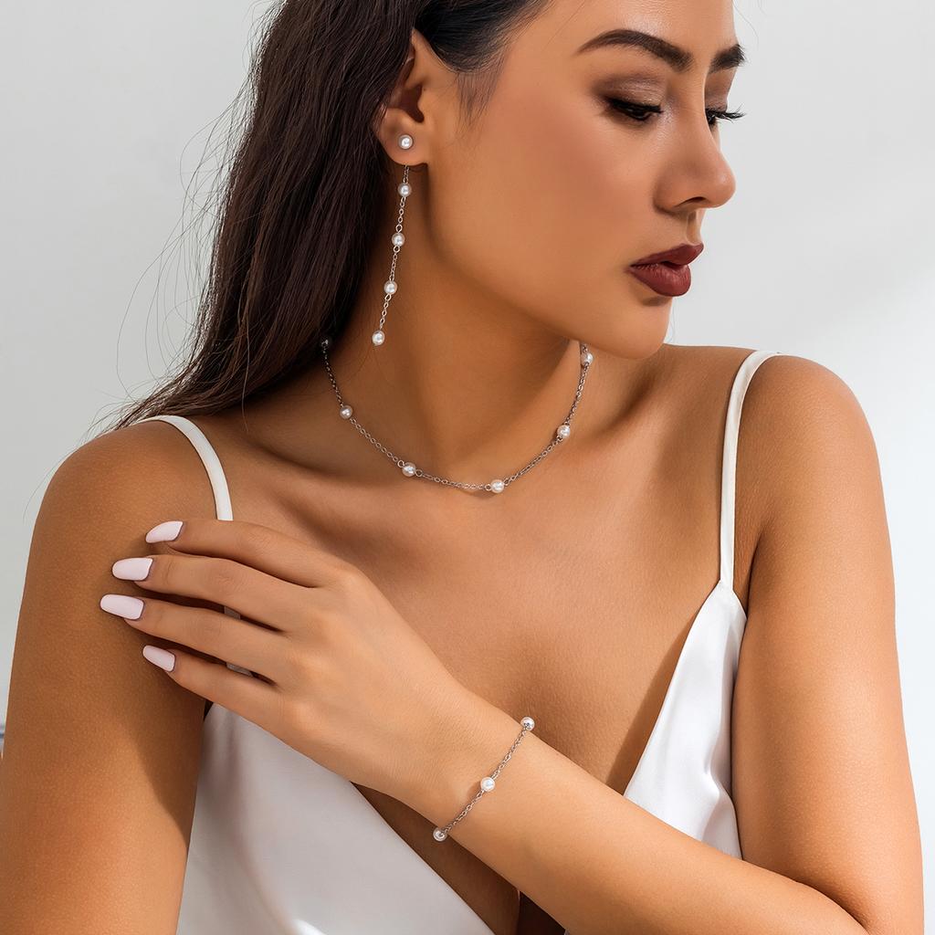 Korean Fashion Imitation Pearl Chain Necklace Bracelet Drop Earrings for Women Girls Sweet Piercing Earring Wedding Jewelry Set