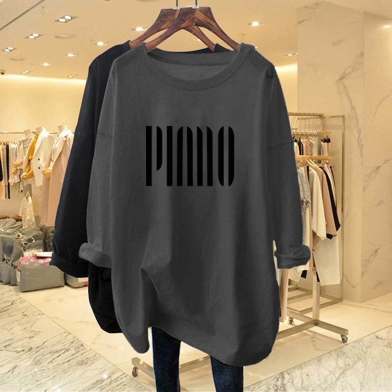 Women's Crew Neck Long Sleeve Tunic Top Loose Fit Korean Style Vertical Letter Print Pure Cotton Casual Fashion Tee Shirt