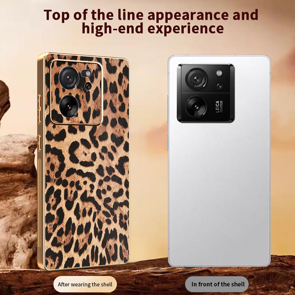 Phone Case For Xiaomi 13T/13T Pro/Redmi K60 Ultra Leopard Print PU Leather Coated PC+TPU Electroplating Cover