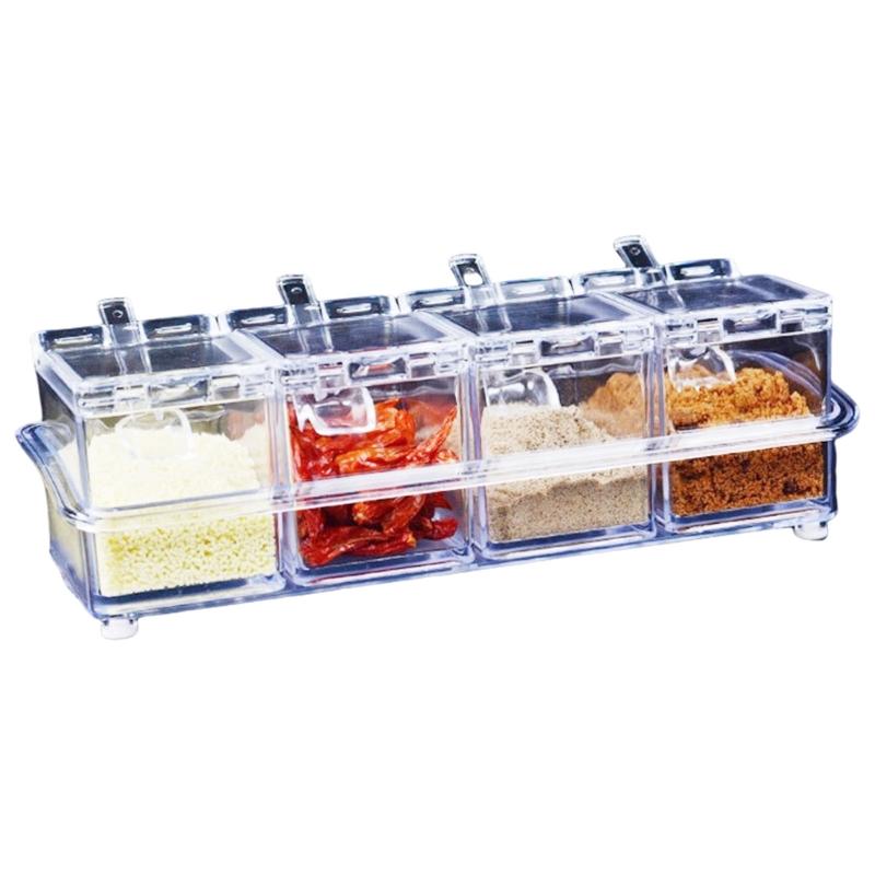 

Practical Plastic Condiment Jars Set with 4 Separate Sections and Measuring Spoons Spices Box for Seasoning Storage 1