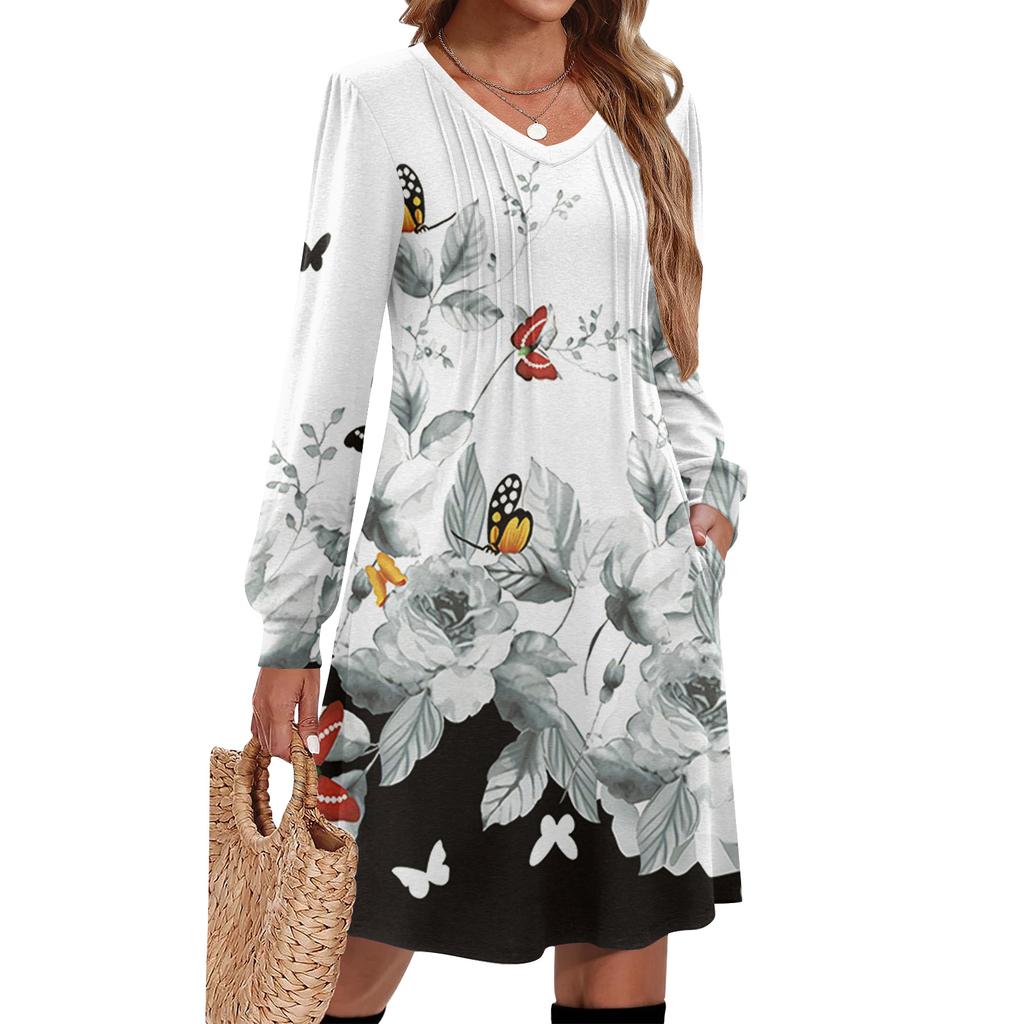 Damen Bedrucktes Lässiges und Modisches V-Ausschnitt Langarm Midikleid