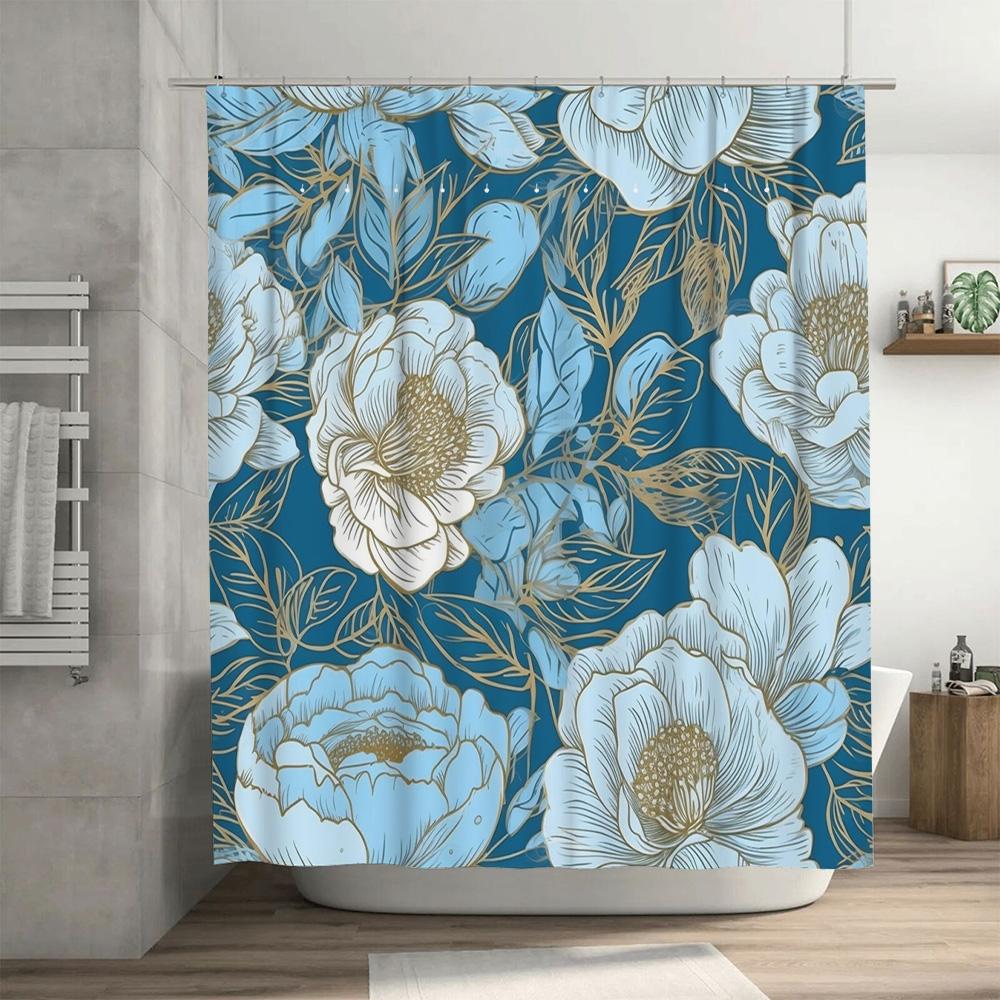 Luxurious Blue Gold Floral Shower Curtain Soft Waterproof Fabric for Bathrooms Decor Available in Various Sizes!