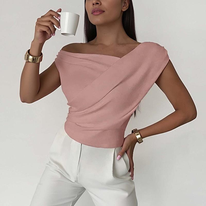 Spring 2026 New Arrival: European & American Women s Solid Color Irregular Neck Loose Casual Top XL розовый