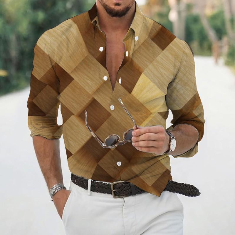 2025 Geometric Three-dimensional 3D Printed Casual Lapel Long-sleeved Shirt Spring and Autumn Men's Trendy Versatile Shirt for Men