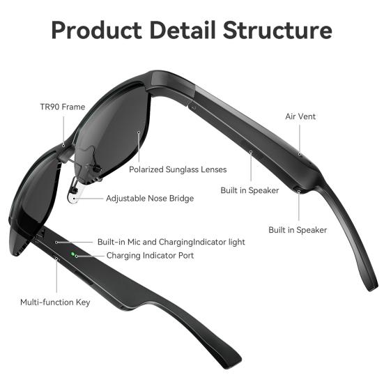 Έξυπνα γυαλιά Γυαλιά ηλίου συμβατά με Bluetooth Εργονομικός σχεδιασμός Επαναφορτιζόμενα φωτοχρωμικά γυαλιά με ηχείο, ανθεκτικά στην υπεριώδη ακτινοβολία