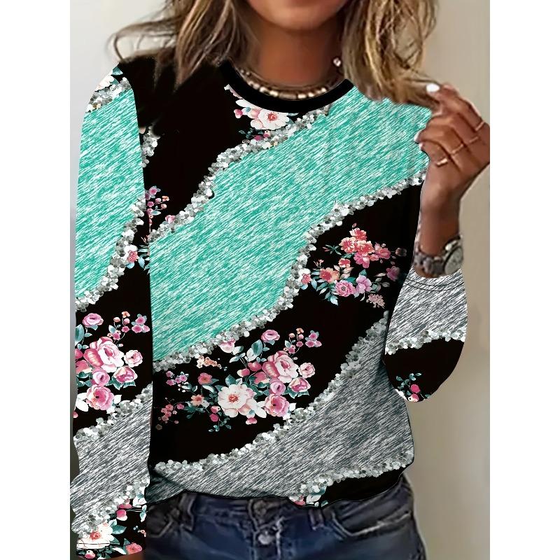 Spring and Autumn Round Neck 3D Flower Printed Top Casual Long Sleeved Women's T-shirts - Soft Medium Stretch Polyester Fabric Relaxed Fit Clothing