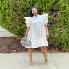 Women's Polo Collar Short Sleeve Loose Fit High Waist Sweet Mini Dress Shirt Dress Solid Cotton Ruffle Tiered Puff Sleeve Summer Casual Flared Dress