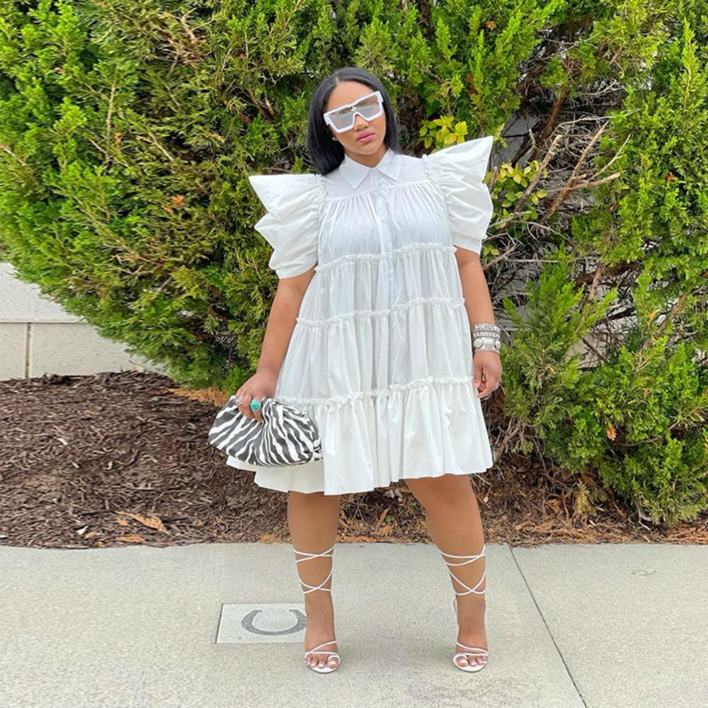 Women's Polo Collar Short Sleeve Loose Fit High Waist Sweet Mini Dress Shirt Dress Solid Cotton Ruffle Tiered Puff Sleeve Summer Casual Flared Dress