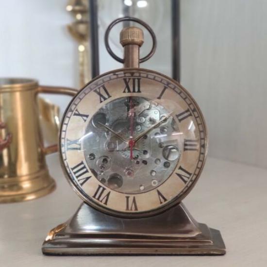 Antique Brass Trophy Desk Clock Mechanical Vintage Table Top Decorative Gift