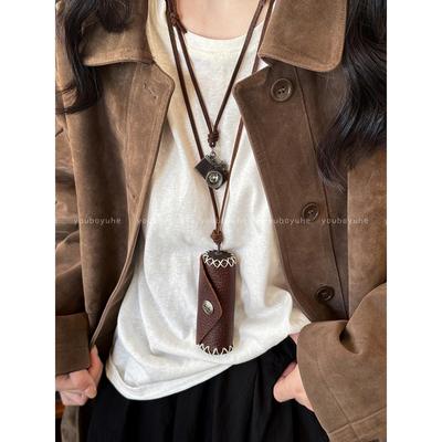 Maillard Kaffeebraune Lederanhänger-Halskette für Damen - Retro Seil Taschenanhänger und Pulloverketten-Accessoire