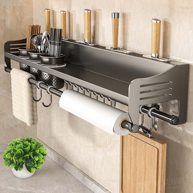 Modern Steel Kitchen Wall Organizer With Knife Slots And Hooks For Home Storage