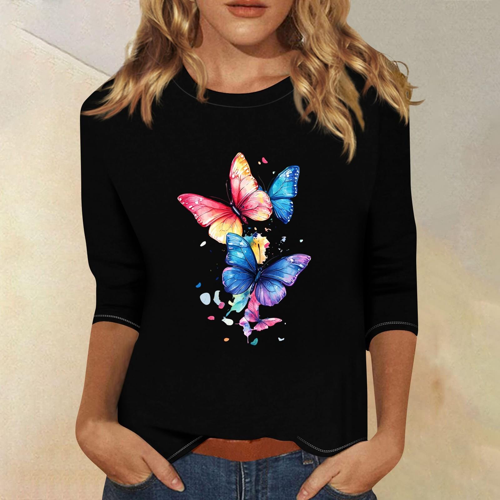 

Топи з рукавами 3/4 для жінок Футболка Повсякденні топи з принтом Футболка з круглим вирізом Пуловер Блуза L чорний