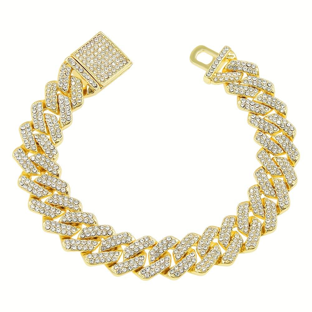 

Браслеты-цепочки в стиле хип-хоп кубинского плетения 7/8/9 дюймов, золотистого цвета, со стразами, 12 мм, браслеты Iced Out, панк-браслет, мужские украшения 8 inch 20cm