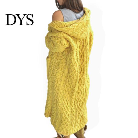 Hooded Coat Women Sweater Jacket with Pockets Mid Length Knitted Twisted Texture Solid Winter Color Long Sleeve Plus Size Thick Daily Commuting