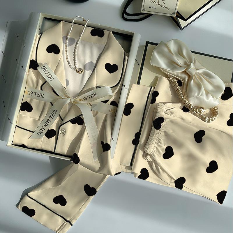 Summer Light Luxury High-Value Love Ice Silk Cool Pajamas Women'S Summer Long-Sleeved Two-Piece Loungewear Can Be Worn Outside