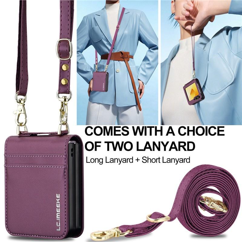 Compatible with Samsung Z Flip7/6 Leather Crossbody Strap Case, Z Flip5 Card Slot 3-Fold Cover.