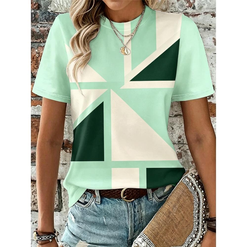 Women's Color Block Crew Neck T-Shirt, Casual Short Sleeve Tops, Stylish Daily Wear for Spring & Summer