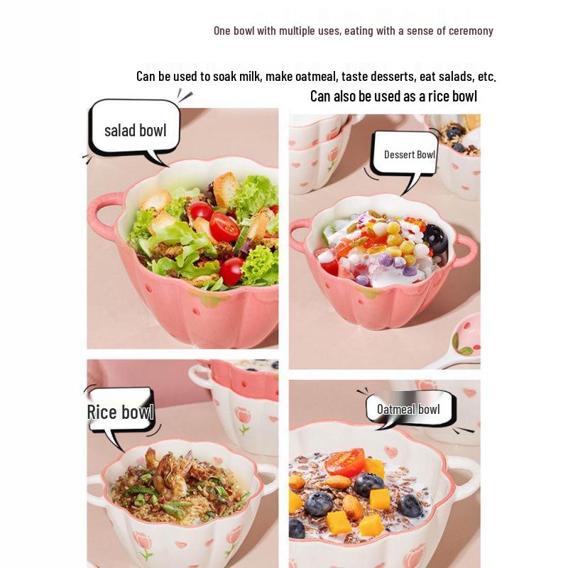 Charming Ceramic Double-Ear Berry Petal Bowl for Fruit, Salad, or Noodles - Anti-Scald Design.