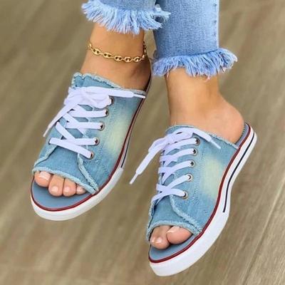 Frauen Leinwand Flache Slipper Frau Lace Up Damen Peep Toe Neue frauen Casual Weibliche Mode Denim Strand Schuhe Plus größe 35-43