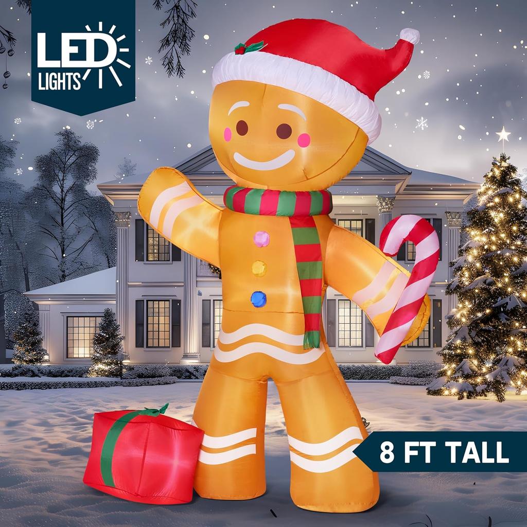JOYFY 8 FT Christmas Inflatable Gingerbread Man with Candy Cane with Build-in LEDs for Xams Party Outdoor Dcor