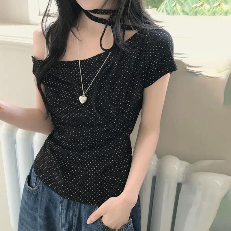 Women Halter Neck Off Shoulder Polka Dot Short Sleeve Top
