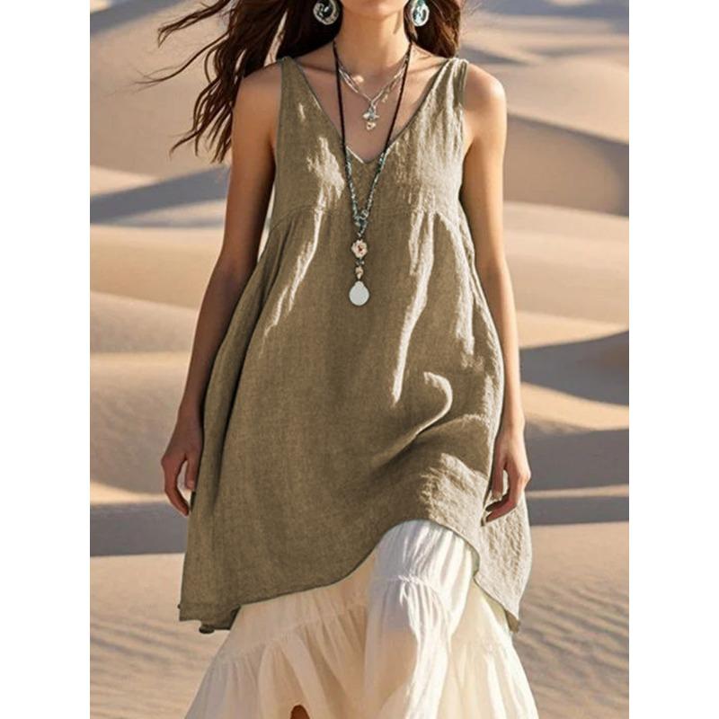 YYFS Women's Fashion Summer Spring Solid Color Print Sleevelesse V-Neck Loose Waistline Casual Dresses