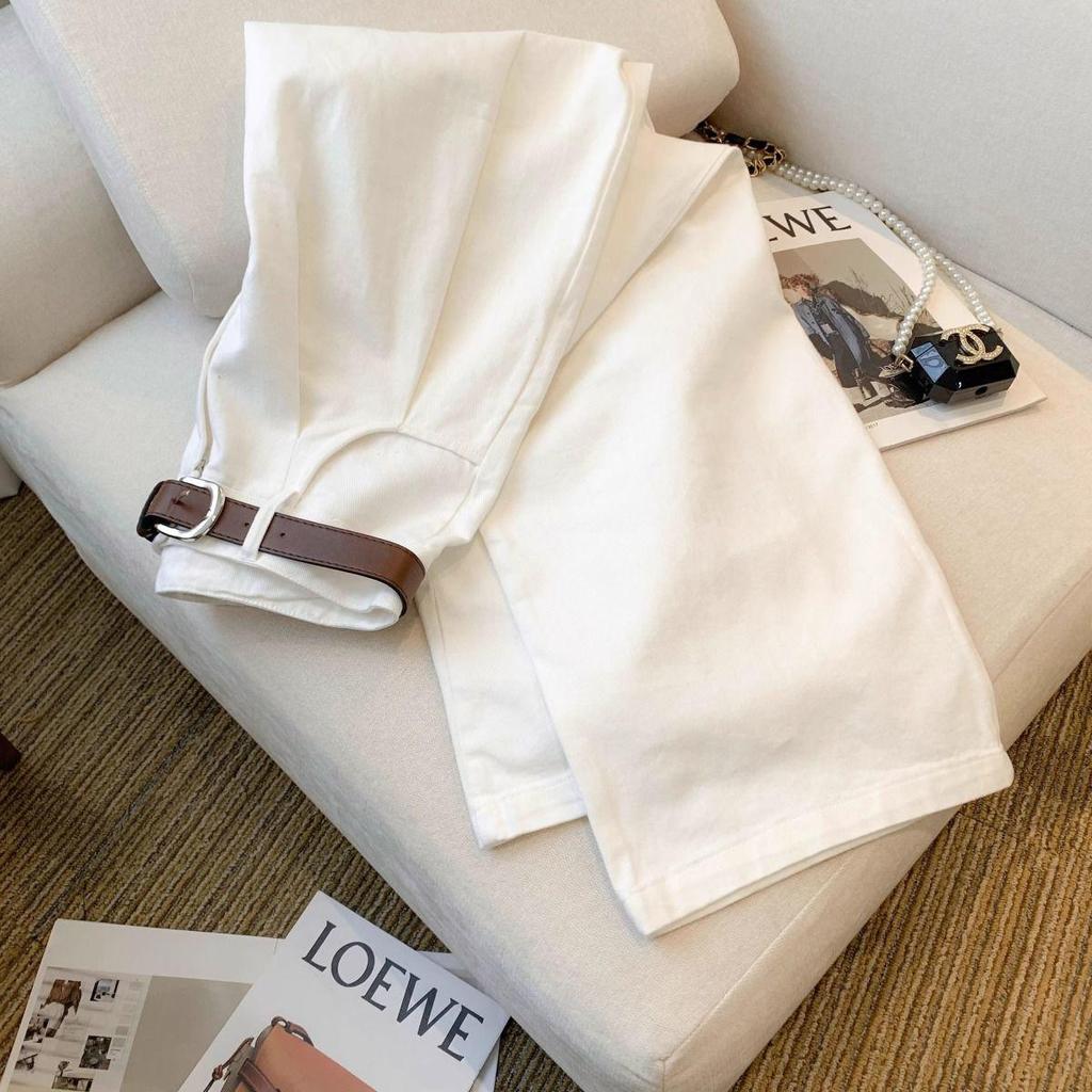 Women's White High-Waisted Wide-Leg Jeans - Summer Pleated, Slimming, Floor-Length Casual Pants