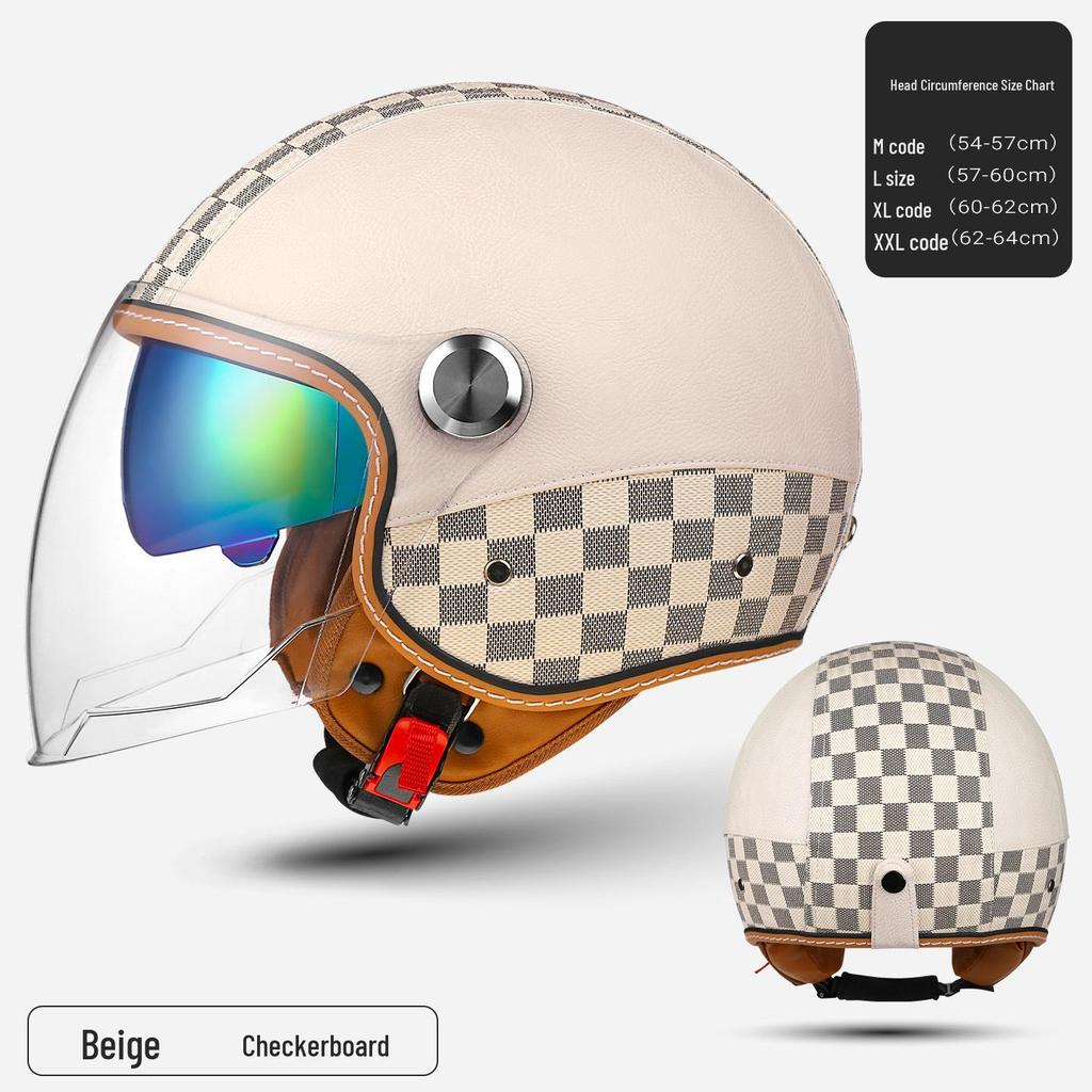 3C Certified Retro Leather Electric Motorcycle Helmet with Dual Visor – Unisex, Warm for Autumn/Winter
