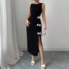 Women's Black Maxi Dresses 2026 Spring Summer Fashionable Sexy Bow Round Neck Side Slit Slimming Sleeveless Tight Party Dress