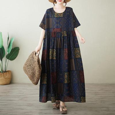 Short Sleeve Plus Size Cotton Vintage Floral New In Dresses for Women Casual Loose Long Summer Dress