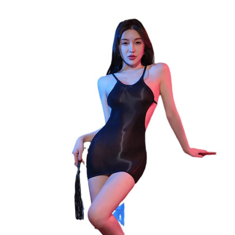 Thin Straps, Horse Oil Stockings, Shiny And Silky Hip Skirt, Sexy Backless Nightclub Wind Dancing Black Silk Skirt