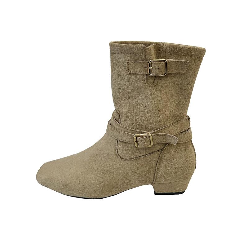 Niche suede retro belt buckle stacking boots women's 2025 new French thick heel versatile and thin medium tube Martin boots