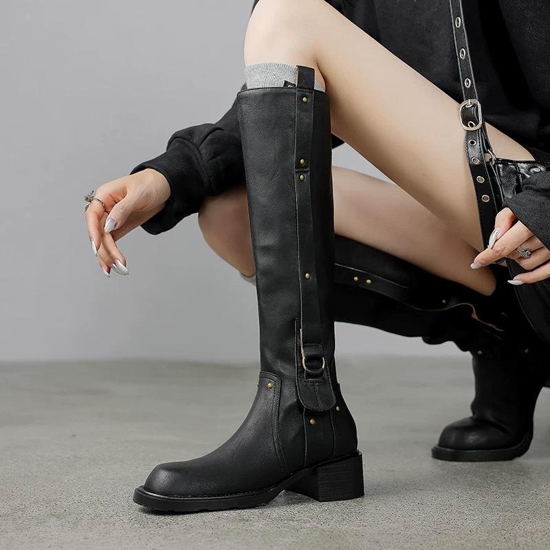 Western cowboy boots round head thick heel high knight boots 2025 new European and American but knee cool black boots women