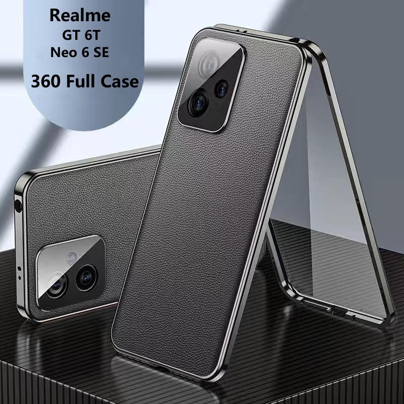 360 Grad Vollschutzhülle für Realme GT 6T Hülle Realme GT Neo 6 SE GT6T 5G Gehärtetes Glas Leder Handyhülle Doppelseitiger Schutz Bumper