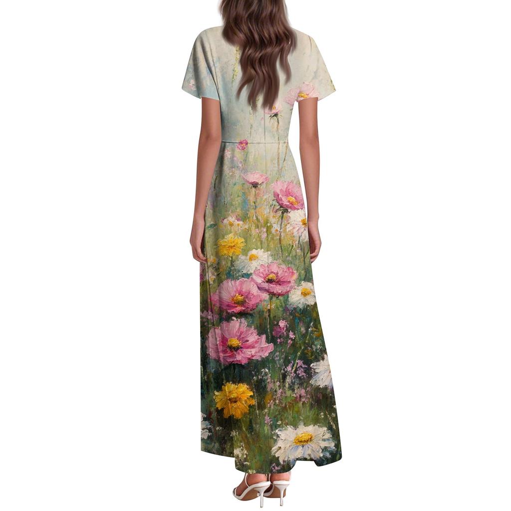 Women's Summer Casual Fashion Flower Prints Dresses V-Neck Short Sleeve Dresses