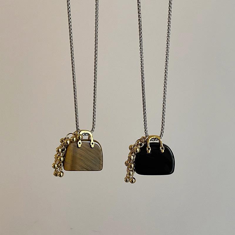 Natural Tiger Eye Stone Bag Grape Pendant Necklaces for Women Trendy Design Titanium Steel Sweater Chain Accessories