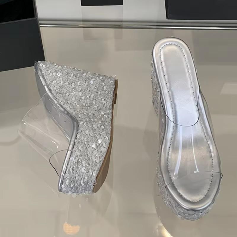 Fashion Silver Metal Flowers Women Wedges Slippers Sequined Platform High Heels Transparent Sandals Female Party Prom Shoe