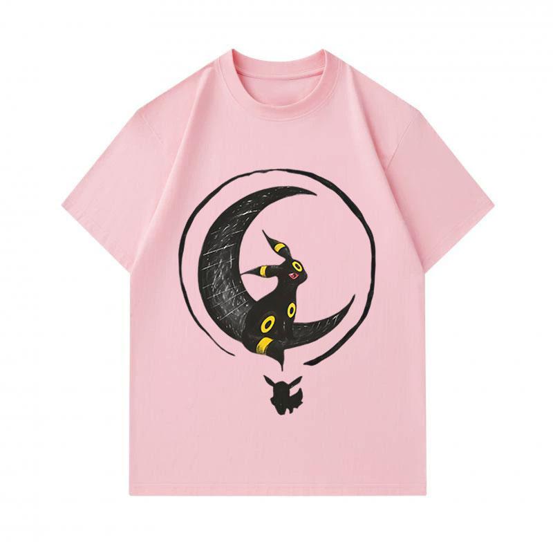 Men's 100% Cotton Crew Neck Short Sleeve T-Shirt, Casual Black Cartoon Umbreon Crescent Moon Print Tees, Comfortable Breathable Summer Daily Tops for