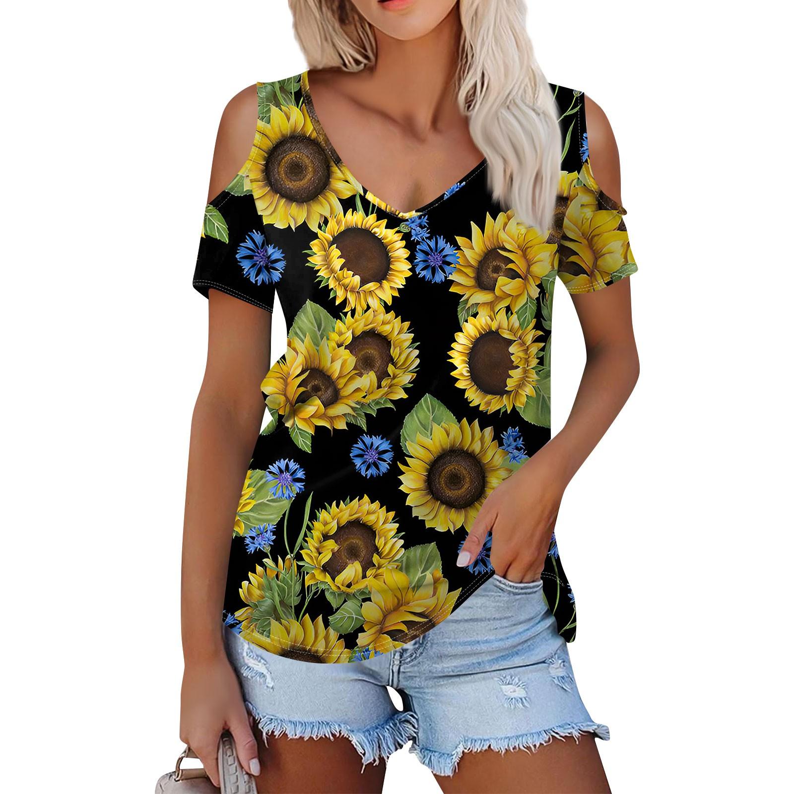 

Женская летняя модная повседневная футболка без бретелек с v-образным вырезом и коротким рукавом с принтом подсолнечника, топ L синий