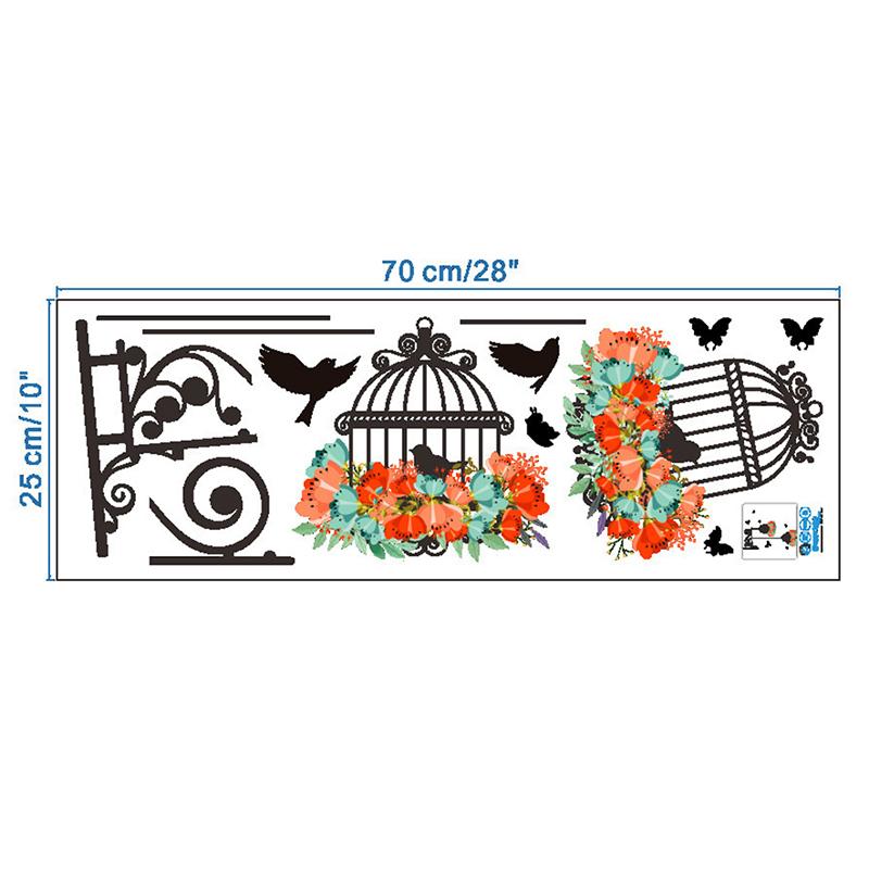 Colorful Flower Birdcage Flying Birds Wall Sticker Creative Home Decor Decals