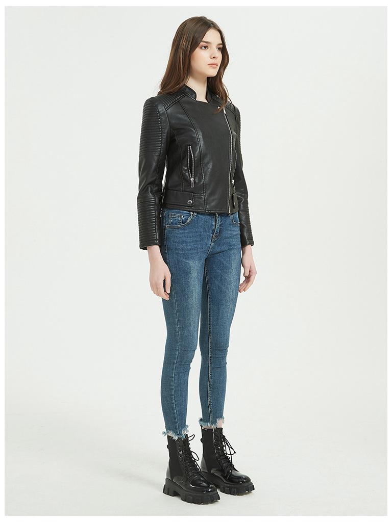 Damen PU-Leder Slim Stehkragenjacke - Europäischer/Amerikanischer Motorradstil, Erhältlich in verschiedenen Größen, Trendig und Pendlertauglich.