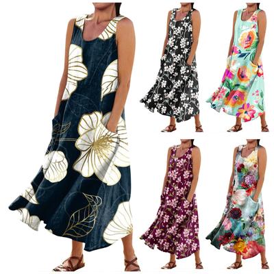 Women's Summer Casual Fashion Printed Sleeveless Round Neck Pocket Dress