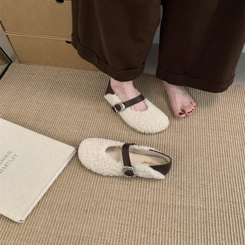 Flat-bottomed wool shoes for women's outer wear 2025 new autumn and winter gentle evening Mary Jane shoes pedal lamb wool cotton shoes