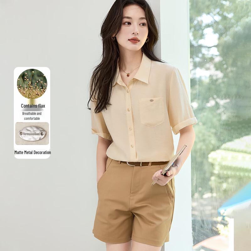 Handu Yishe Women s Loose Fit Linen Blend Short Sleeve Shirt M