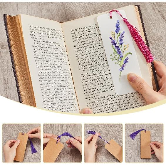 120Pcs 5.5 X 2In Kraft Paper Blank Bookmarks Cardstock Brown White Book Marks with 60Pcs Tassels Hanging Gift Tags Bookmark Making Kits for DIY Craft