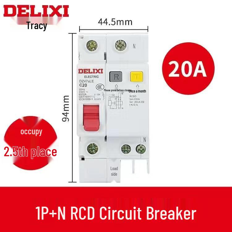 Delixi DZ47SLE 1P+N Residual Current Circuit Breaker with Leakage Protection, Type C, Single-Phase 220V.